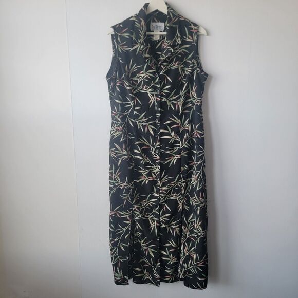 PERI PETITES women's leaf print dress sz 14 maxi sleeveless button front slit - Picture 1 of 7